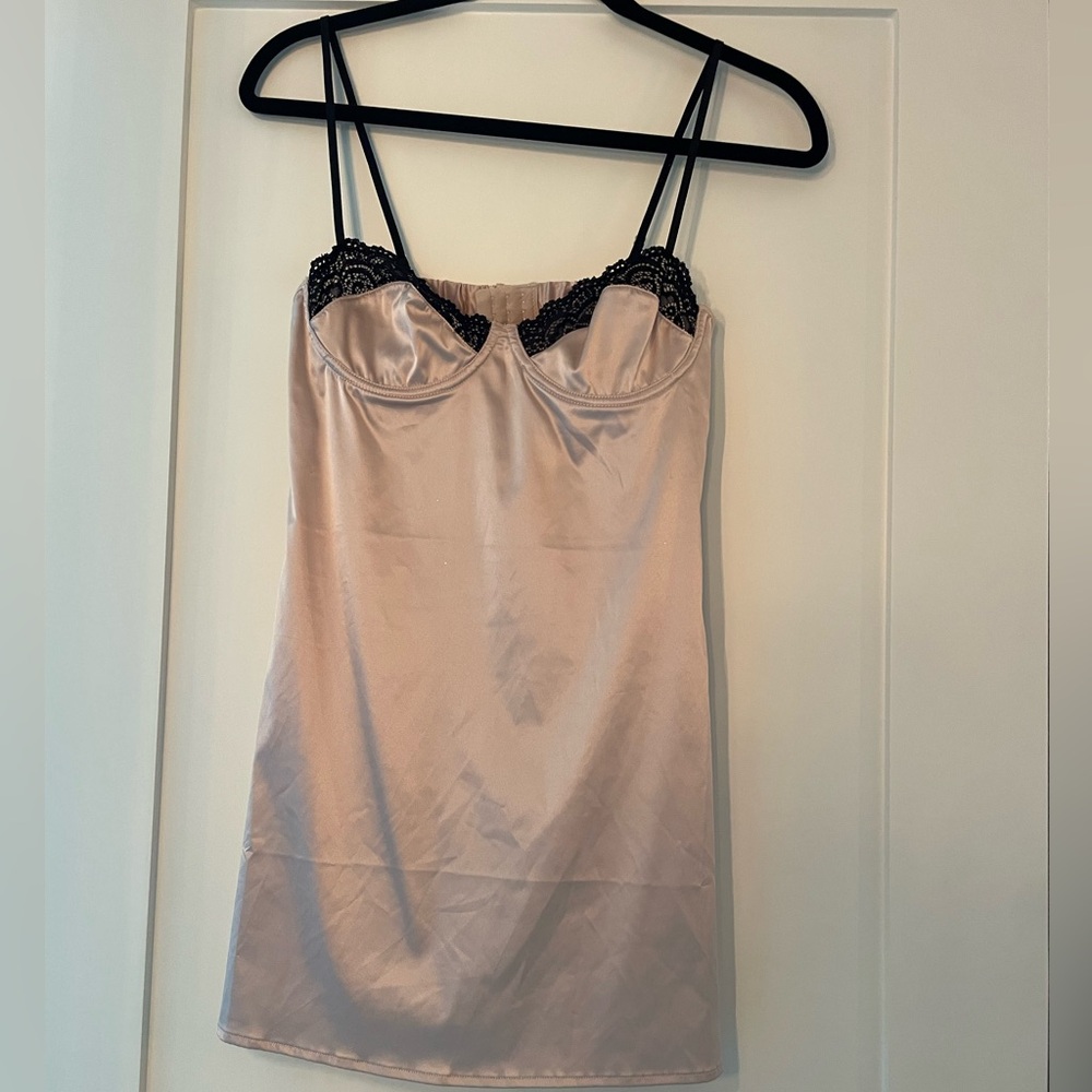 Tan and Black Lace Detail Slip Dress